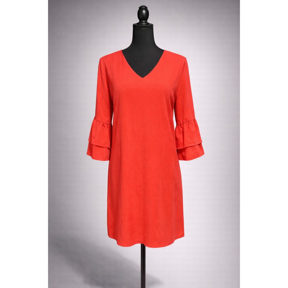 Belongsci Red V Neck Ruffle Bell Sleeve Shift Dress Women’s Large Cocktail